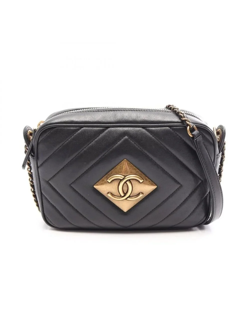Chanel Shoulder Bag CC Logo Diamond Stitch Black Leather CC Chain